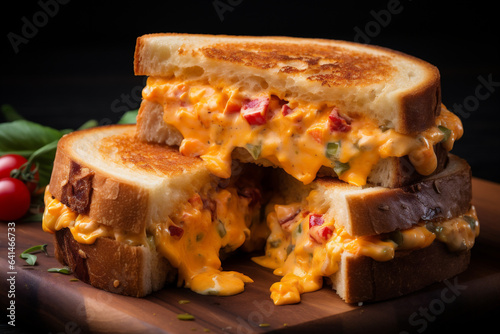 Close up of a sandwich with pimento cheese on a wooden table.