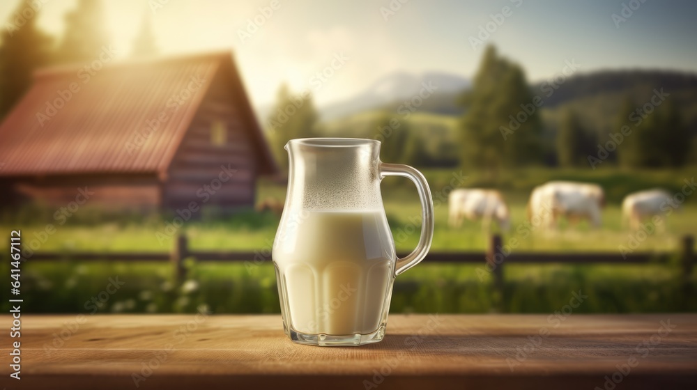 Bottle of milk on blurred farm background and place for text. Concept of eco farm fresh product, healthy food Bottle of milk on blurred farm background and place for text. Concept of eco farm fresh product, healthy food