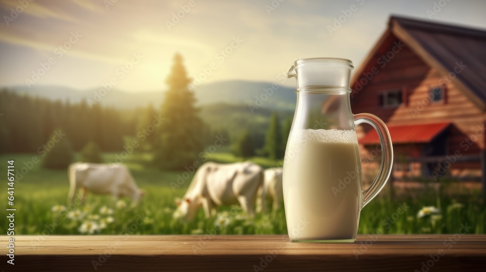 Bottle of milk on blurred farm background and place for text. Concept of eco farm fresh product, healthy food Bottle of milk on blurred farm background and place for text. Concept of eco farm fresh product, healthy food