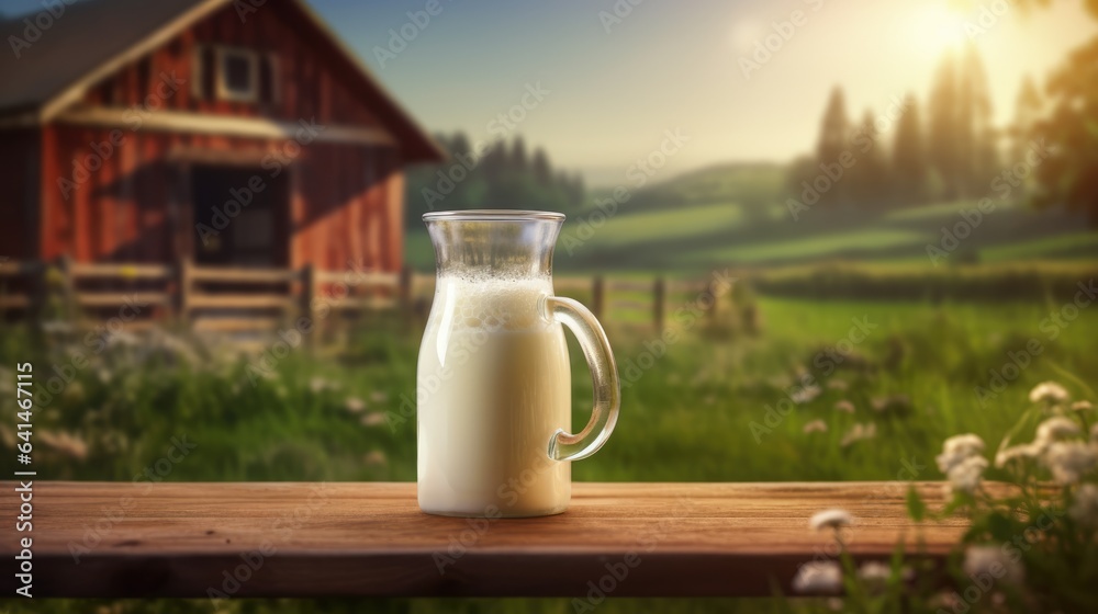Bottle of milk on blurred farm background and place for text. Concept of eco farm fresh product, healthy food Bottle of milk on blurred farm background and place for text. Concept of eco farm fresh product, healthy food