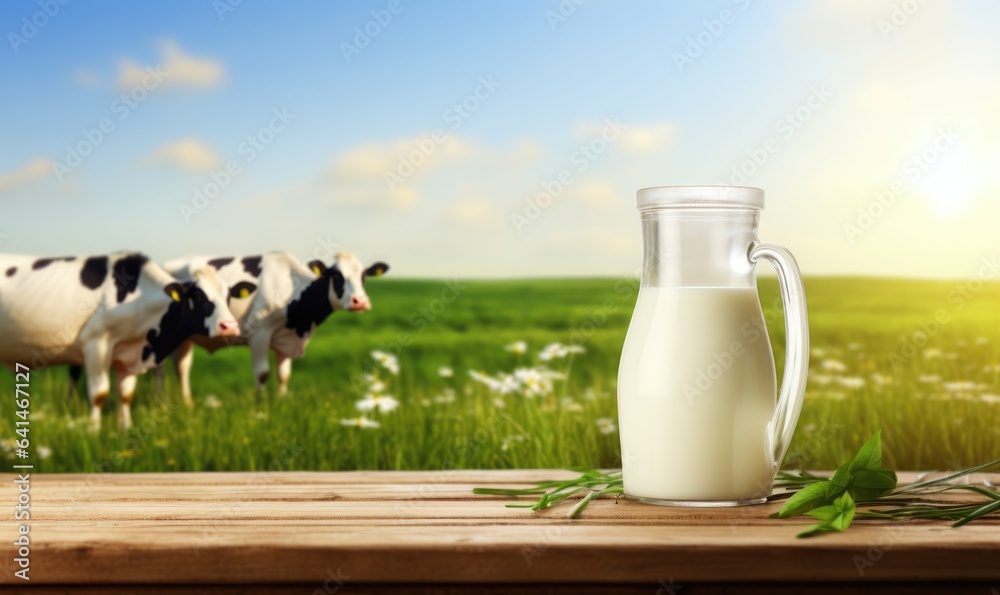 Bottle of milk on blurred farm background and place for text. Concept of eco farm fresh product, healthy food Bottle of milk on blurred farm background and place for text. Concept of eco farm fresh product, healthy food