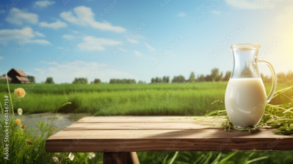 Bottle of milk on blurred farm background and place for text. Concept of eco farm fresh product, healthy food Bottle of milk on blurred farm background and place for text. Concept of eco farm fresh product, healthy food