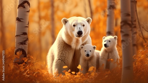 Polar bear in the autumn picturesque forest photo