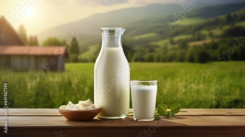 Glass and jar of milk on blurred farm background and place for text. Concept of eco farm fresh product, healthy food