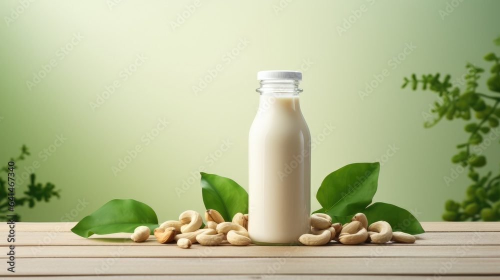 Alternative cashew milk background with bottle of milk and place for text. Plant based eco organic healthy product concept Alternative cashew milk background with bottle of milk and place for text. Plant based eco organic healthy product concept