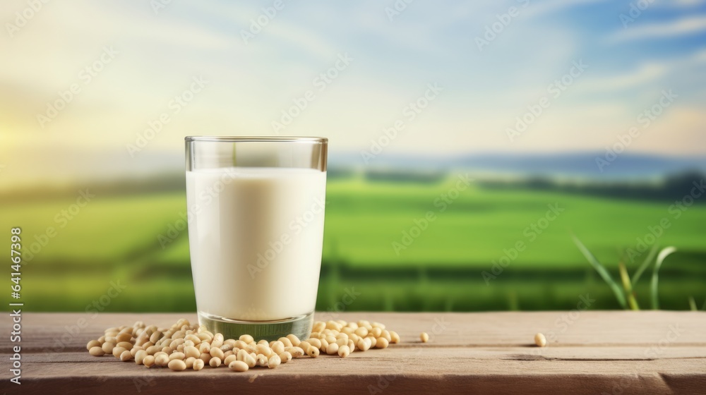 Alternative soya milk background with glass of milk and place for text. Plant based eco organic healthy product concept Alternative soya milk background with glass of milk and place for text. Plant based eco organic healthy product concept
