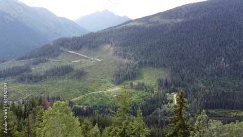 Treed Forest Aerial Inshot to Valley and Mountains - Beautiful British Columbia. Slow-moving drone going forward towards a scenic valley view. photo