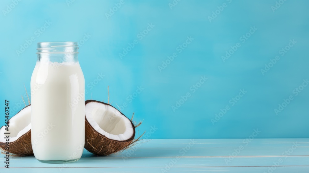 Alternative coconut milk background with jar of milk, coconut and place for text. Plant based eco organic healthy product concept Alternative coconut milk background with jar of milk, coconut and place for text. Plant based eco organic healthy product concept