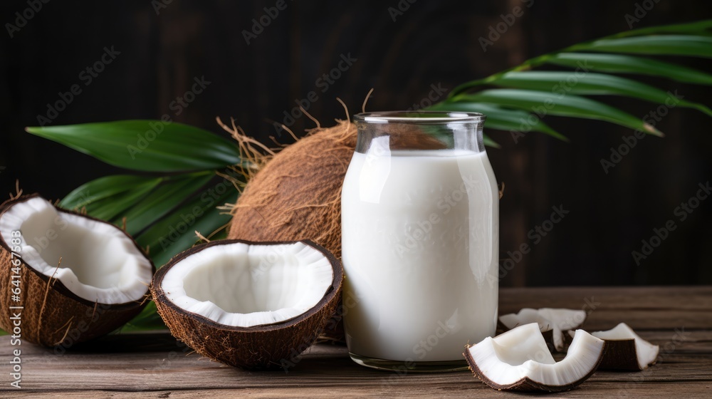 Alternative coconut milk background with jar of milk, coconut and place for text. Plant based eco organic healthy product concept Alternative coconut milk background with jar of milk, coconut and place for text. Plant based eco organic healthy product concept