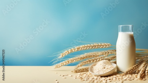 Alternative oat milk background with glass of milk and place for text. Plant based eco organic healthy product concept