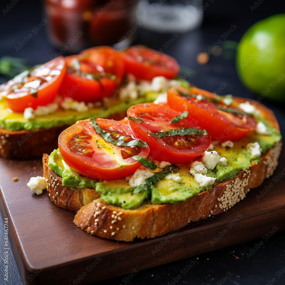 toast à l’avocat et tomates rouge fraiche et basilic - IA Generative toast à l’avocat et tomates rouge fraiche et basilic - IA Generative