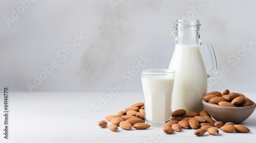 Alternative almond milk background with almond nuts and place for text. Plant based eco organic healthy product concept