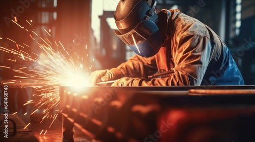 Male welder in a protective mask is welding metal. A professional works in a factory. Industrial background. Illustration for banner, poster, cover, brochure or presentation.