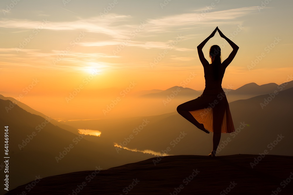 Yoga Pose at Sunrise, a woman practicing serene yoga pose