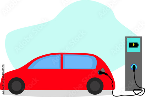 Red electric car charging, green energy concept. 