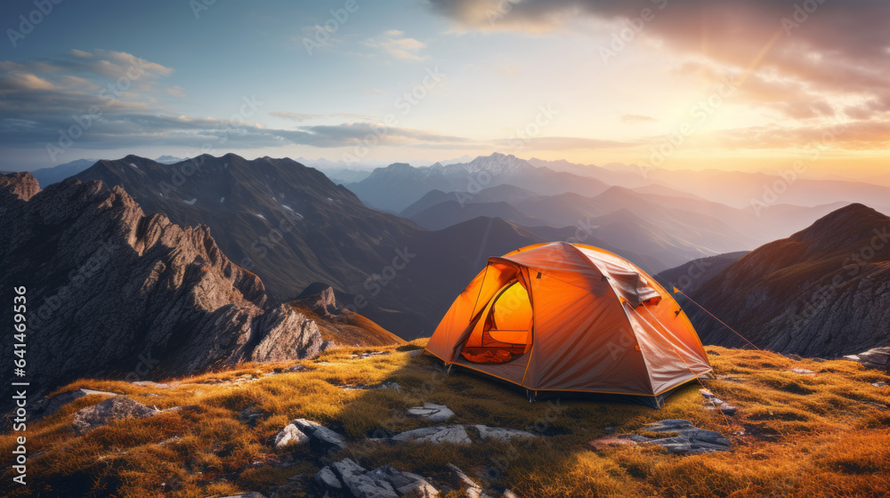 Tent Amidst Majestic Peaks during the Golden Hour