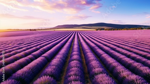 Drone Photography, flying over a picturesque lavender field in full bloom, the mesmerizing purple expanse stretching to the horizon, a scene that celebrates the beauty of nature's colors