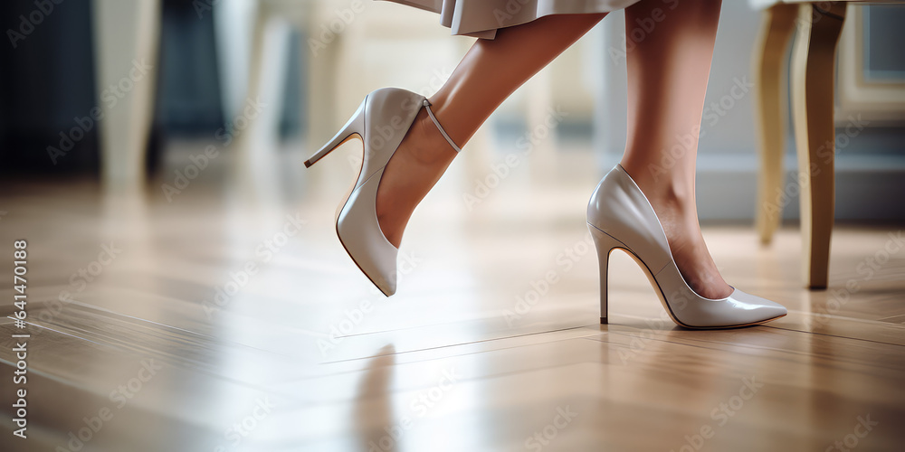 Woman wearing classic high heel shoes, step on the spc flooring
