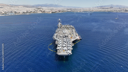 Canvas Print Aerial drone photo of latest technology American flag nuclear aircraft carrier a