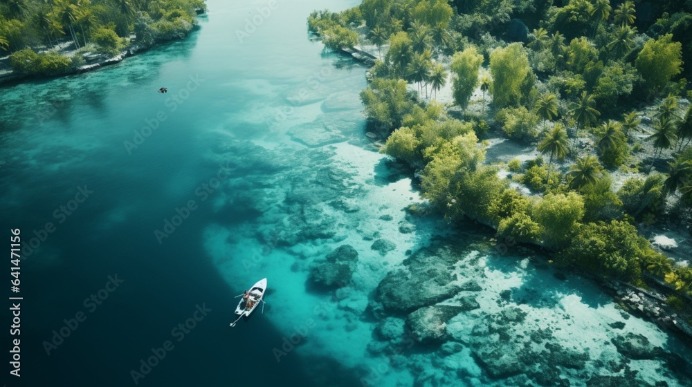 Drone Photography, hovering above a stunning turquoise lagoon, coral islands dotting the water's surface, a tropical paradise that evokes a sense of wanderlust and escapes