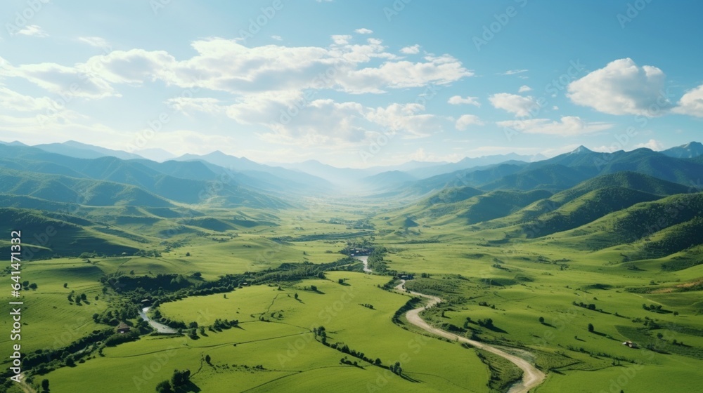 Drone Photography, hovering over a charming countryside landscape, rolling hills, and meadows dotted with wildflowers, a scene that embodies the simple and serene beauty of rural life