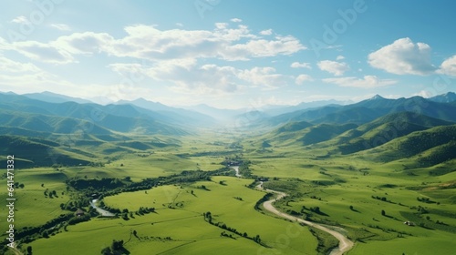Drone Photography, hovering over a charming countryside landscape, rolling hills, and meadows dotted with wildflowers, a scene that embodies the simple and serene beauty of rural life
