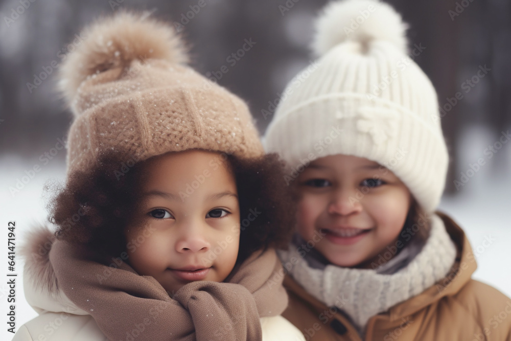 Two pretty afro-american girs in winter walking outdoors. Generative AI Two pretty afro-american girs in winter walking outdoors. Generative AI