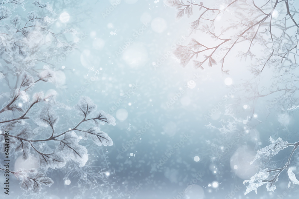 Winter snowy branches closeup, Christmas greeting card. Generative AI