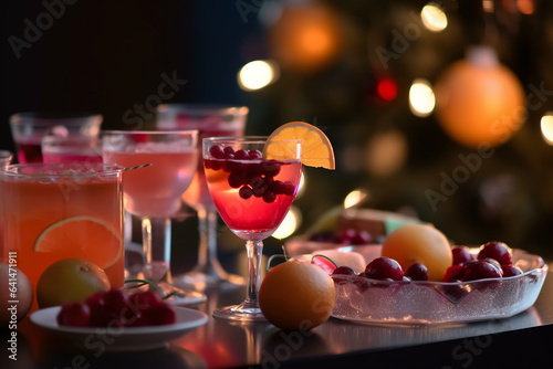 Red drink glasses on a festive decorated table with red berries. Generative AI photo