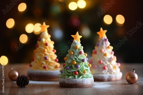 Decorated Christmas tree shape cakes on a Christmas table, blurred Christmas background. Generative AI