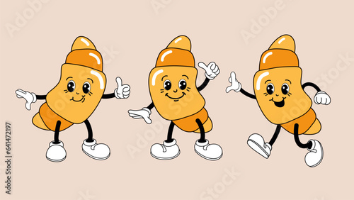 A cute croissant character collection with diverse emotions. Retro style pastries as eatery mascots. Cartoon vector illustration for menus, signs, bakery, restaurant.