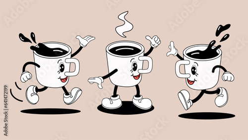 Set cute retro character cup of coffee. Funny logo mascot for menu café, cafeteria, coffee or tea shop. Cartoon vector illustration.