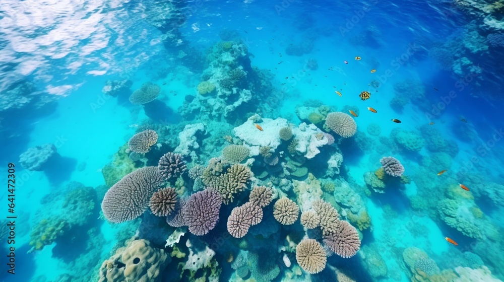 Drone Photography, hovering over a pristine coral reef, a kaleidoscope of marine life swimming in crystal clear waters, a scene that showcases the delicate and mesmerizing underwater world