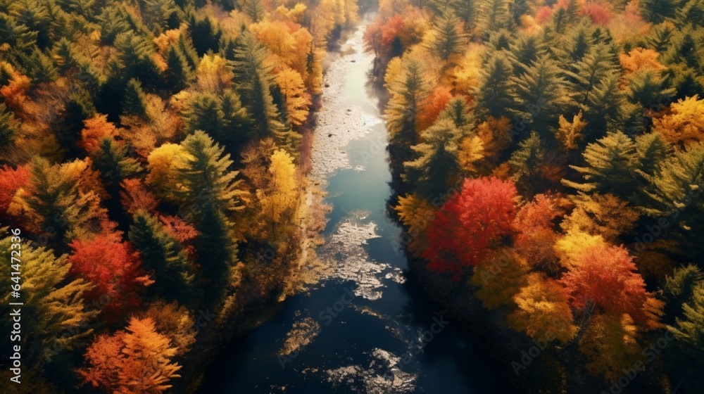 Drone Photography, soaring above a dense forest during a vibrant autumn season, a canopy of trees in various shades of red and gold, a mesmerizing display of nature's annual transformation