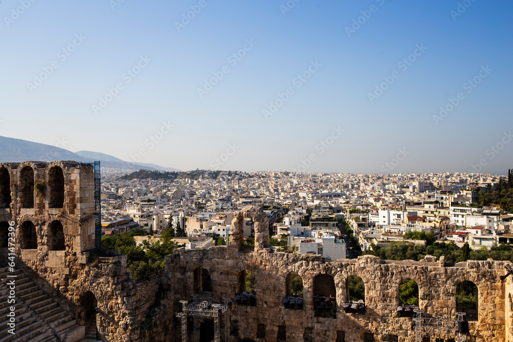 Skyline scenic view in Athens from Acropolis in the top of a mount with some restored ruins