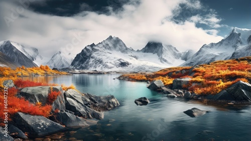 polar lake reflecting the captivating colors of fall, with the icy edges acting as a natural frame to the stunning scene.