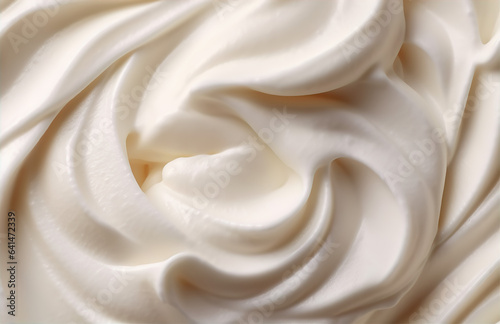 Closeup of vanilla ice cream. Frozen yogurt macro, Summer delicious refreshment. Gourmet food banner. Dairy product. Homemade sweet dessert. Refreshment concept. Top view. No people.