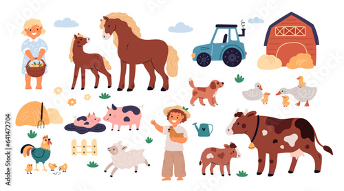 Cartoon kids and farm animals isolated white background. Farm animals care. Cute countryside illustration with horse, sheep, cow, heh, pid, chicken, goose and baby animals