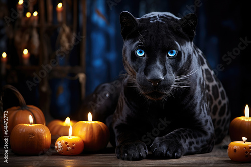 Black jaguar with blue eyes sitting near candles and pumpkins