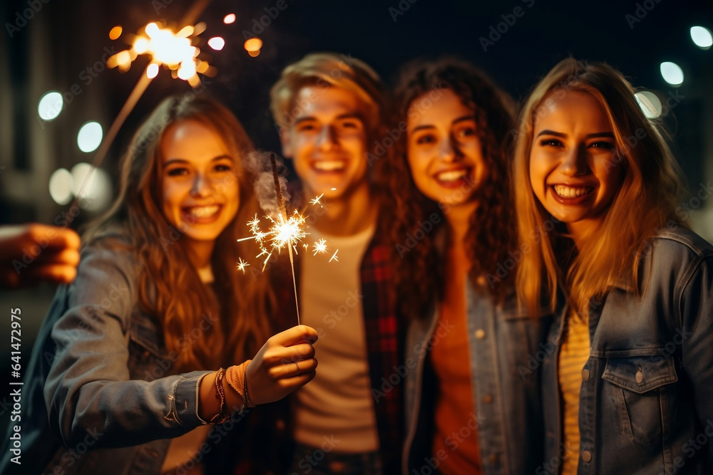 Close up image of happy friends enjoying out with sparklers - Group of young people celebrating new year eve with fireworks