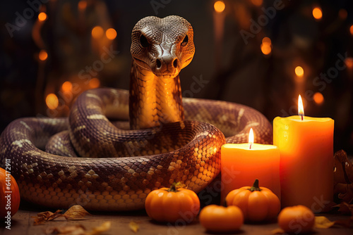 Snake sitting near candles and pumkpins