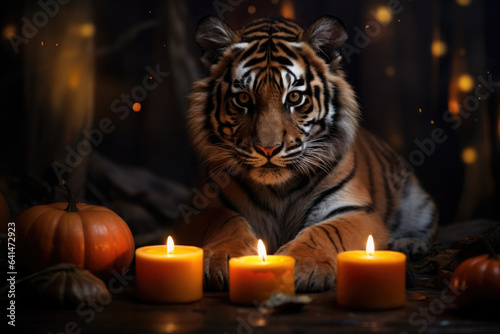 Tiger sitting near candles and pumpkins