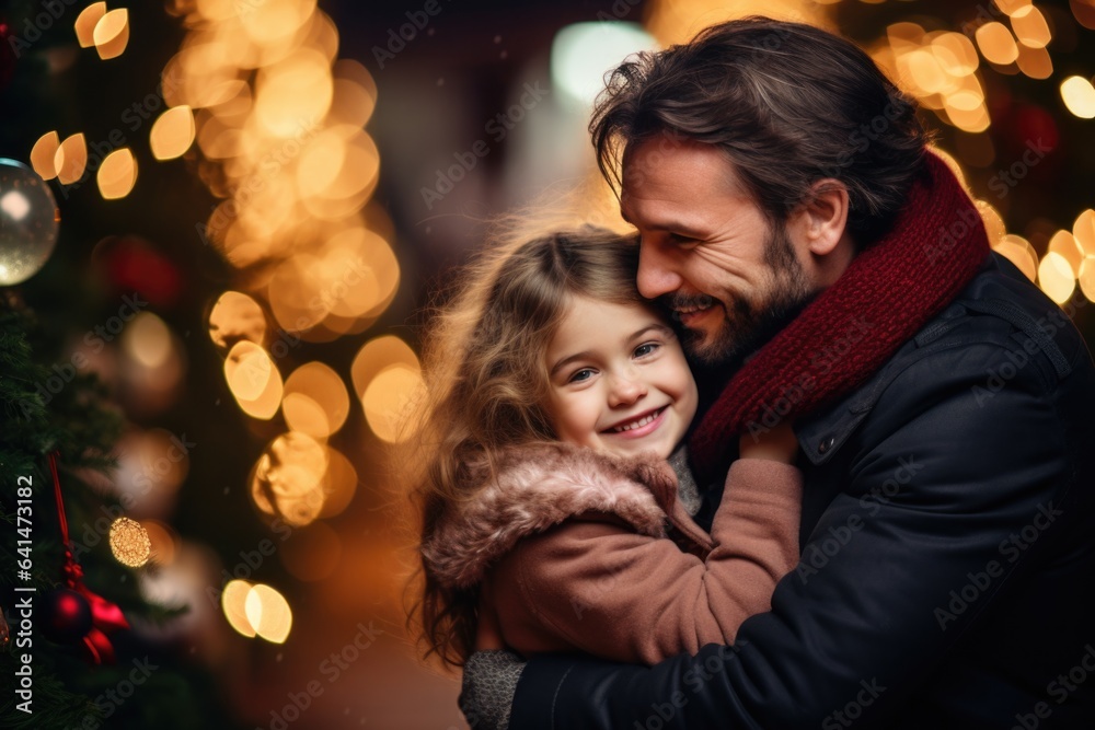 Smiling girl in the arms of the father on the lights background on the decorated street of the city center. Winter outdoor portrait of two family person in the city with Christmas mood Smiling girl in the arms of the father on the lights background on the decorated street of the city center. Winter outdoor portrait of two family person in the city with Christmas mood