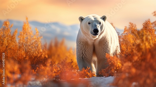 Polar bear in the autumn picturesque forest photo