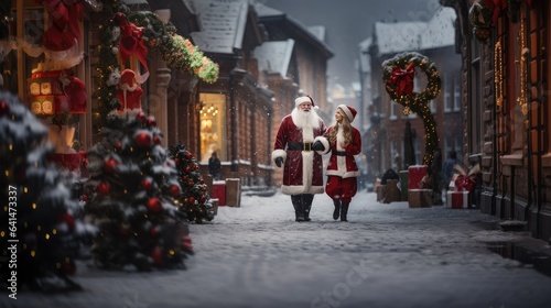 Santa Claus and Snow Maiden, hand-in-hand, as they stroll through a bustling holiday market, filled with love, laughter, and the joyful anticipation of Christmas.