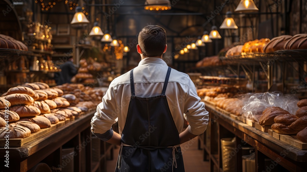 A male baker in uniform in a bakery stands with his back among the shelves with bread and buns for sale. Production of bread and buns.