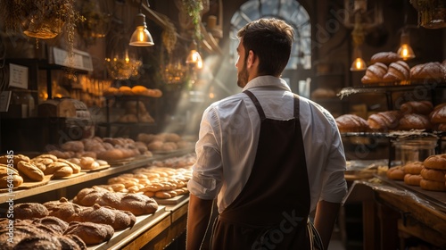 A male baker in uniform in a bakery stands with his back among the shelves with bread and buns for sale. Production of bread and buns. © Marynkka_muis