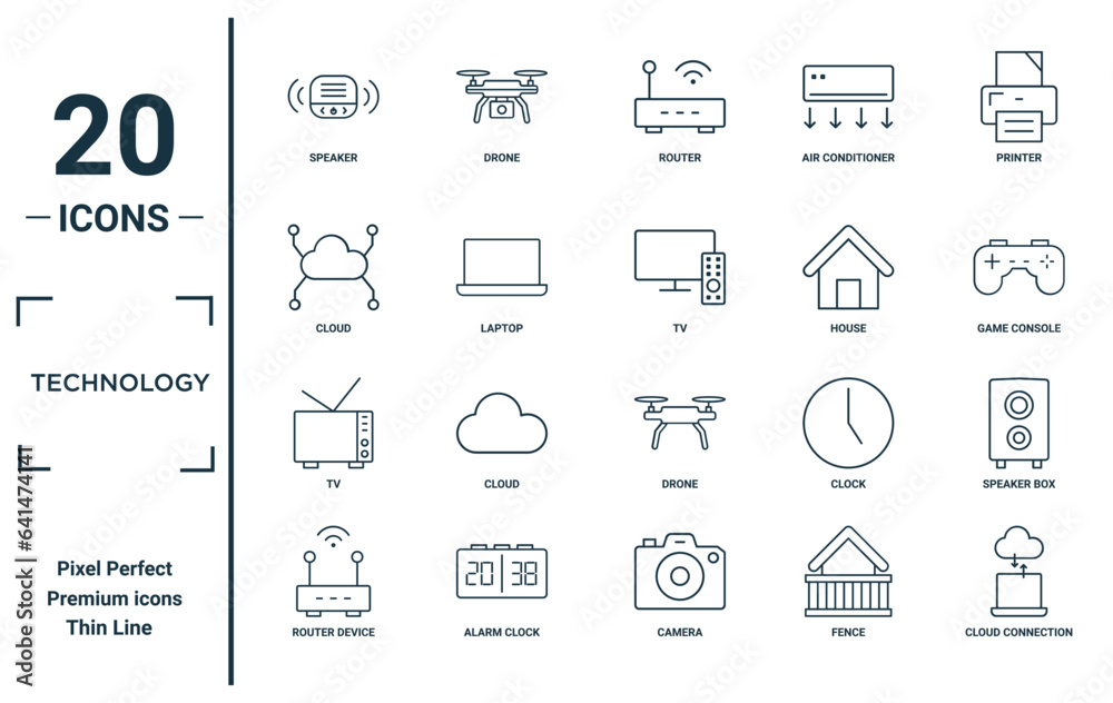 technology linear icon set. includes thin line speaker, cloud, tv ...