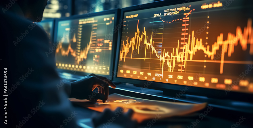 Finance trade manager analyzing stock market indicators for best investment strategy, financial data and charts, digital ai - obrazy, fototapety, plakaty 