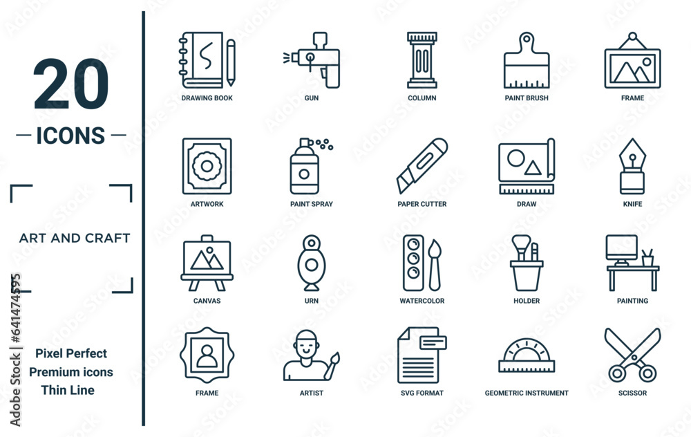 art and craft linear icon set. includes thin line drawing book, artwork ...